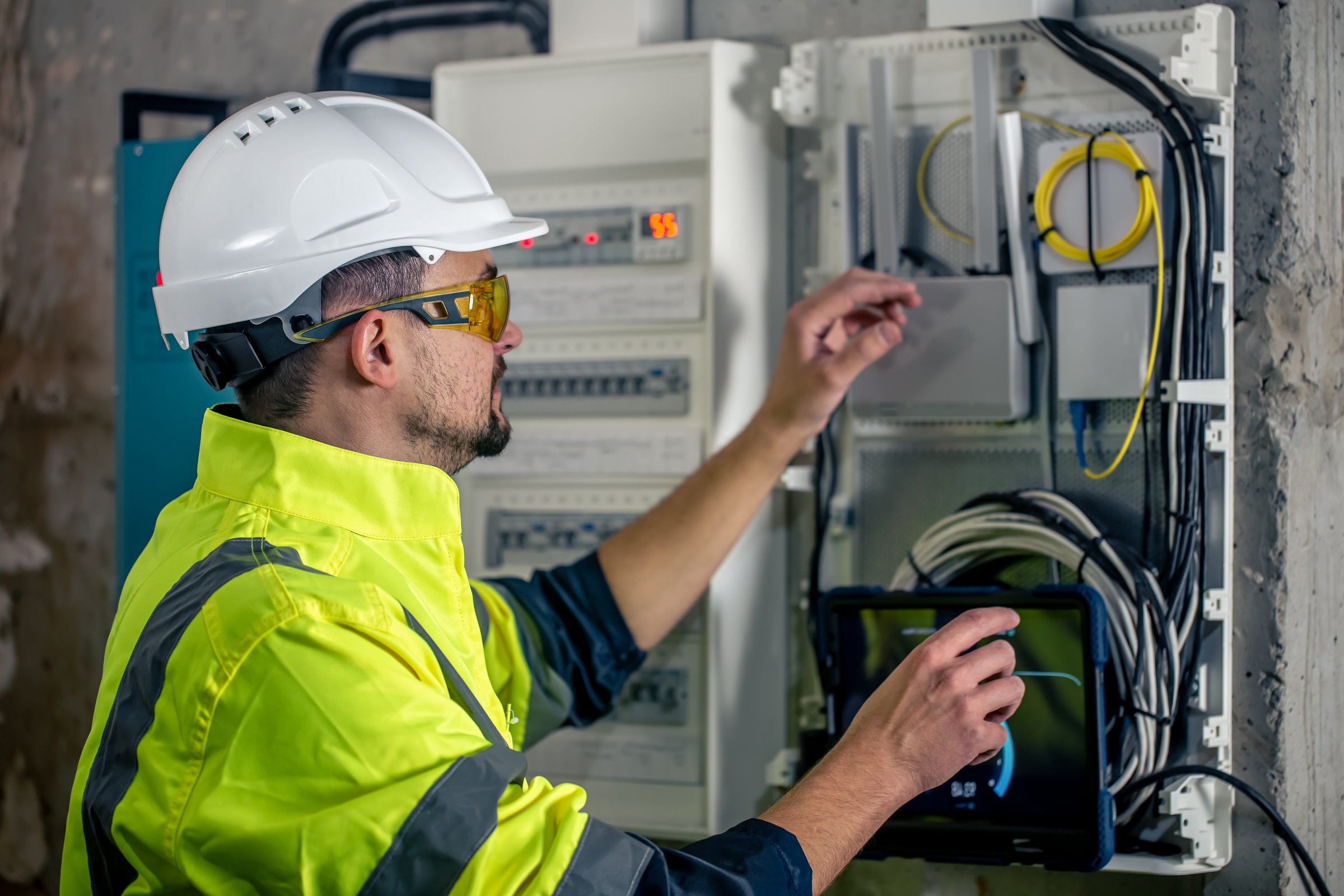 Engenheiro eletricista realizando inspeção em quadro de distribuição
